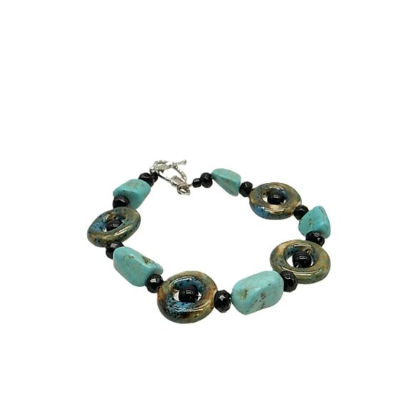 Turquoise Stone Bohemian Bracelet Ceramic Donut Resin Beaded Bracelet - Picture 14 of 16